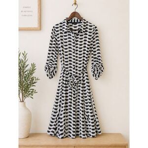 AGB Black White Chevron Midi Dress Size 10 Belted Work Office Chic Monochrome